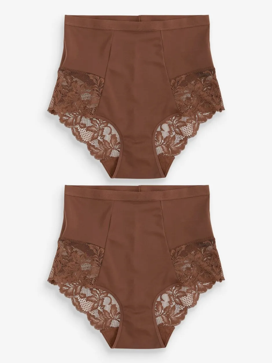 Shapewear*Next - Verpakking van 2 Braziliaanse slipjes met kanten achterkant en buikcorrigerend effect en print Chocolade nude