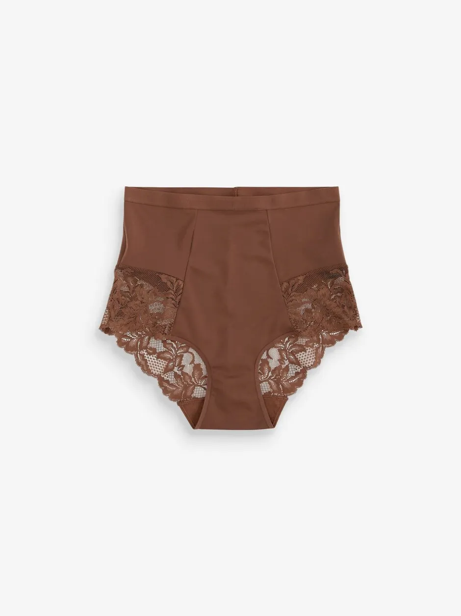 Shapewear*Next - Verpakking van 2 Braziliaanse slipjes met kanten achterkant en buikcorrigerend effect en print Chocolade nude