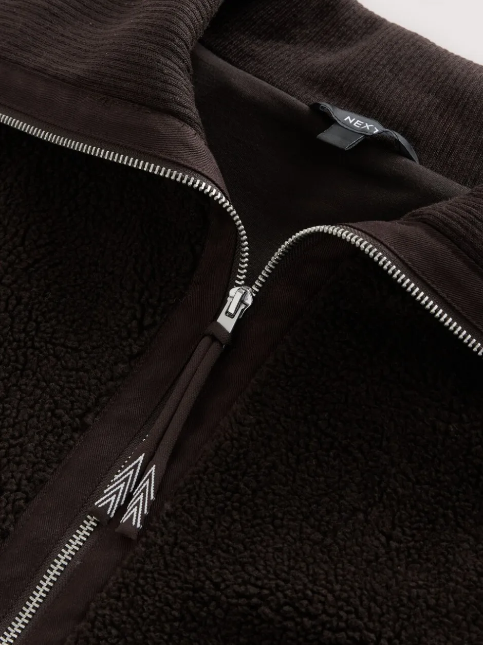 Hoody's En Sweatshirts*Next - Borg Zip Through Fleece With Rib Collar Chocoladebruin