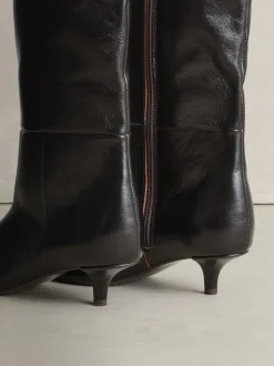 Boots*Next - Crinkle Effect Leather Signature Underset Heel Knee High Boots Chocoladebruin