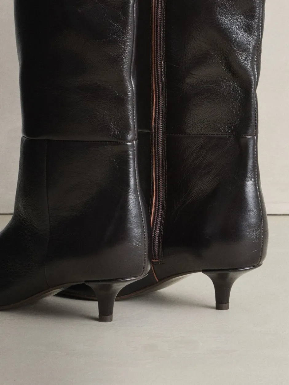 Boots*Next - Crinkle Effect Leather Signature Underset Heel Knee High Boots Chocoladebruin