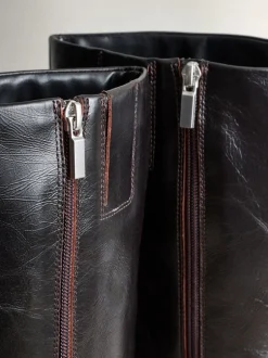 Boots*Next - Crinkle Effect Leather Signature Underset Heel Knee High Boots Chocoladebruin