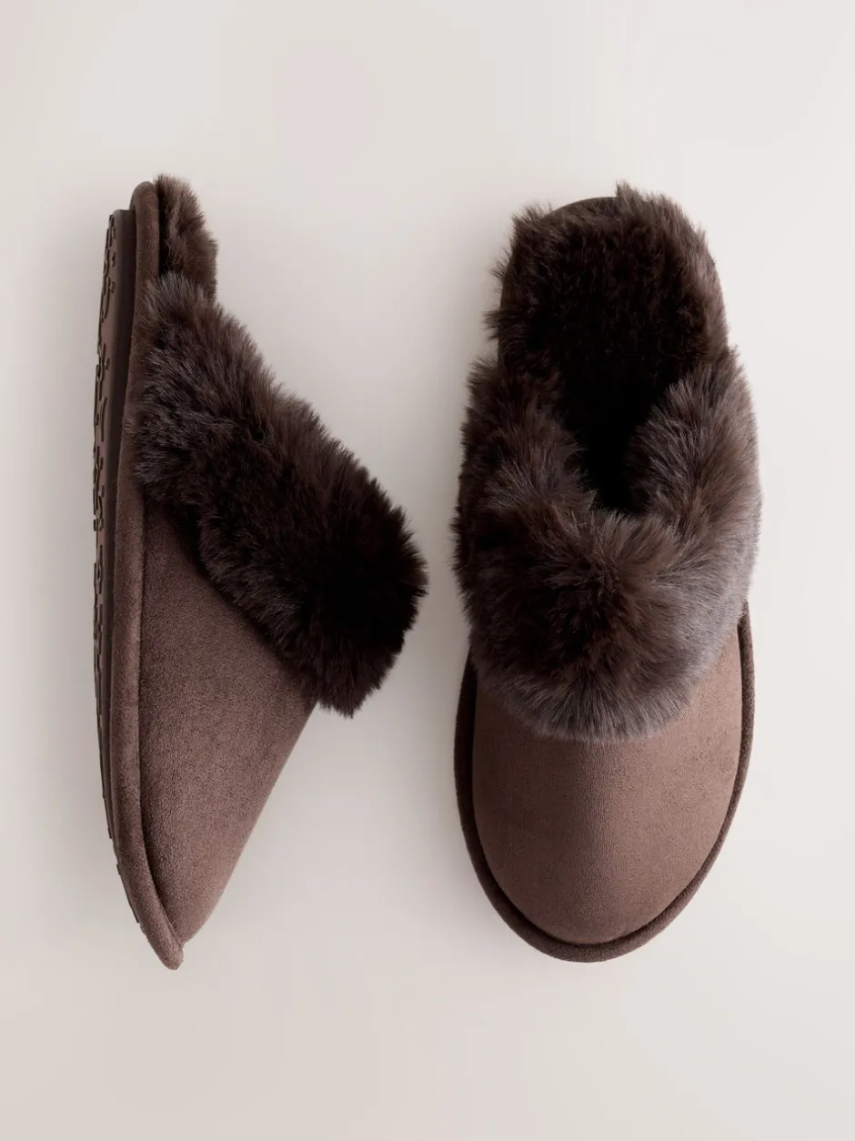Pantoffels|Alle Nacht- En Loungekleding|Next - Faux Fur Suede Mule Slippers Chocoladebruin