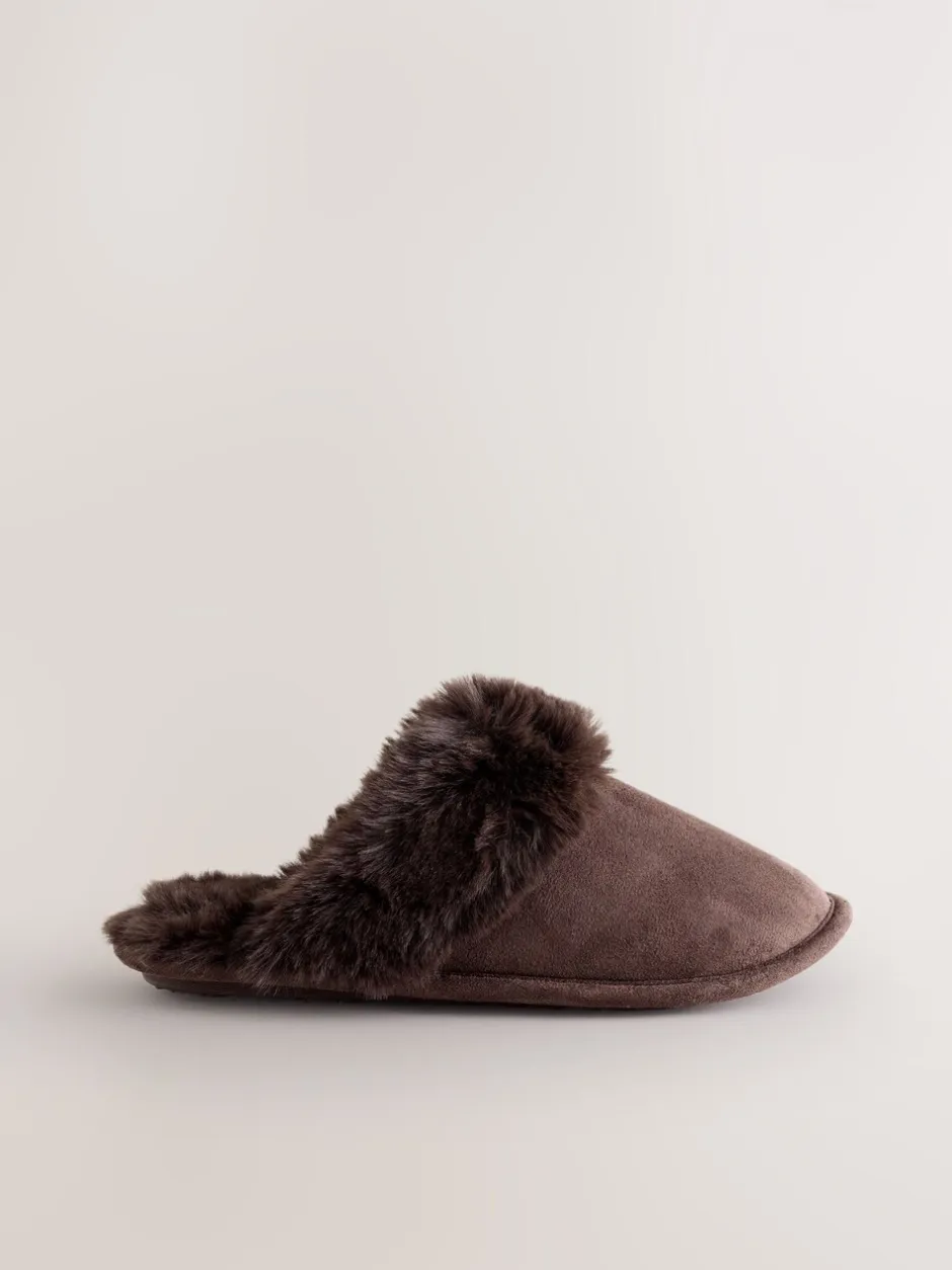 Pantoffels|Alle Nacht- En Loungekleding|Next - Faux Fur Suede Mule Slippers Chocoladebruin