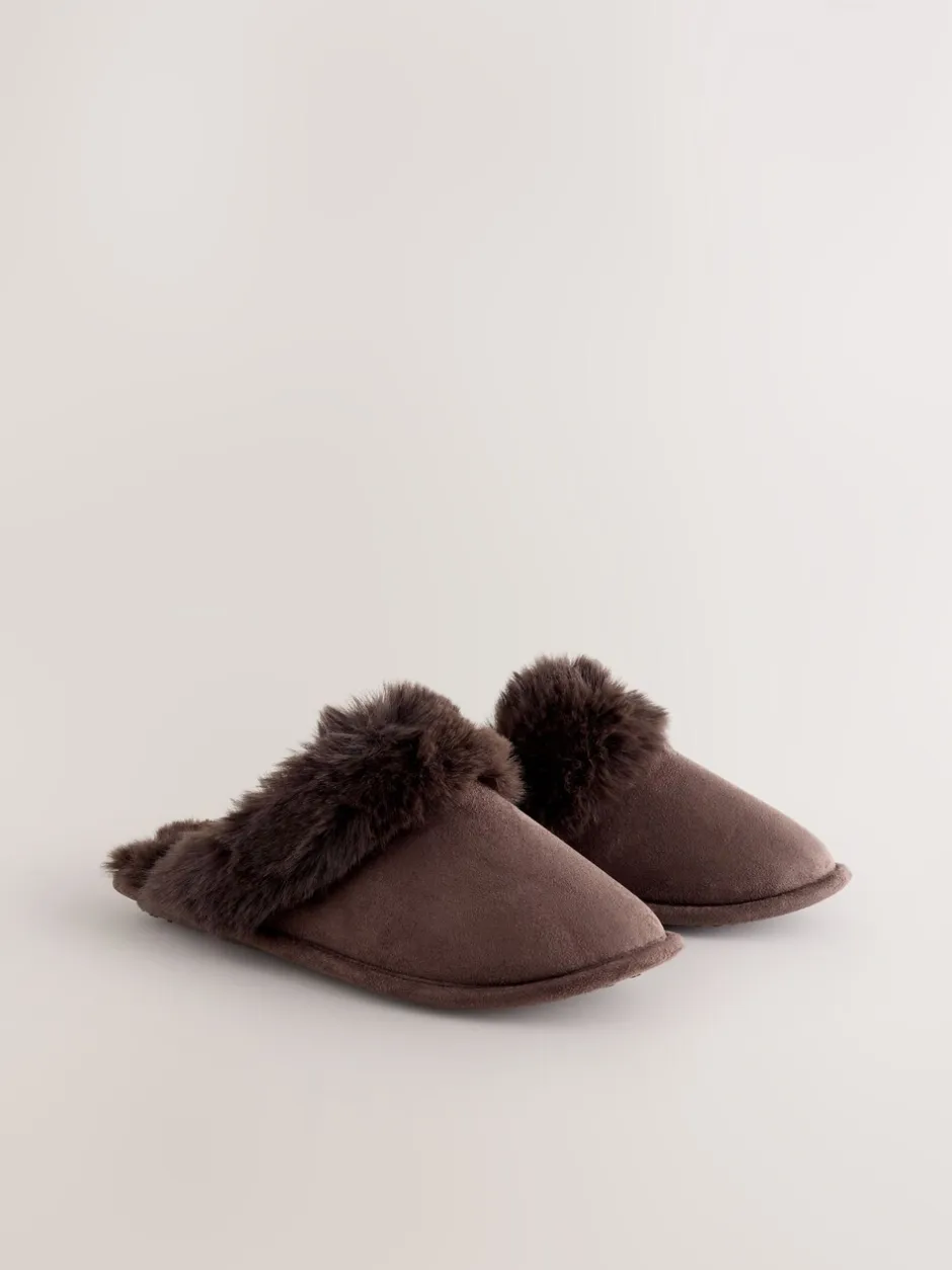 Pantoffels|Alle Nacht- En Loungekleding|Next - Faux Fur Suede Mule Slippers Chocoladebruin