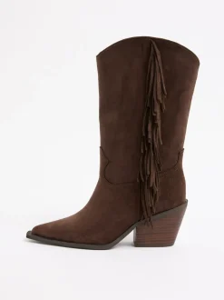 Boots|Lipsy - Faux Suede Tassel Pull On Western Calf Boots Chocoladebruin