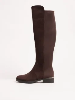 Boots|Lipsy - Faux Suede Elasticated Flat Knee High Casual Boots Chocoladebruin
