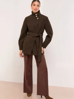 Jassen En Jacks|Lipsy - Funnel Neck Mid Length Coat Chocoladebruin