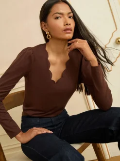 Gelegenheidskleding|Love & Roses Chocoladebruin - - Jersey top met lange mouwen en geschulpte V-hals