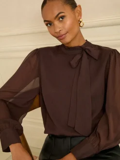 Gelegenheidskleding|Blouses En Overhemden*Love & Roses Chocoladebruin - blouse met lange mouwen en striksluiting