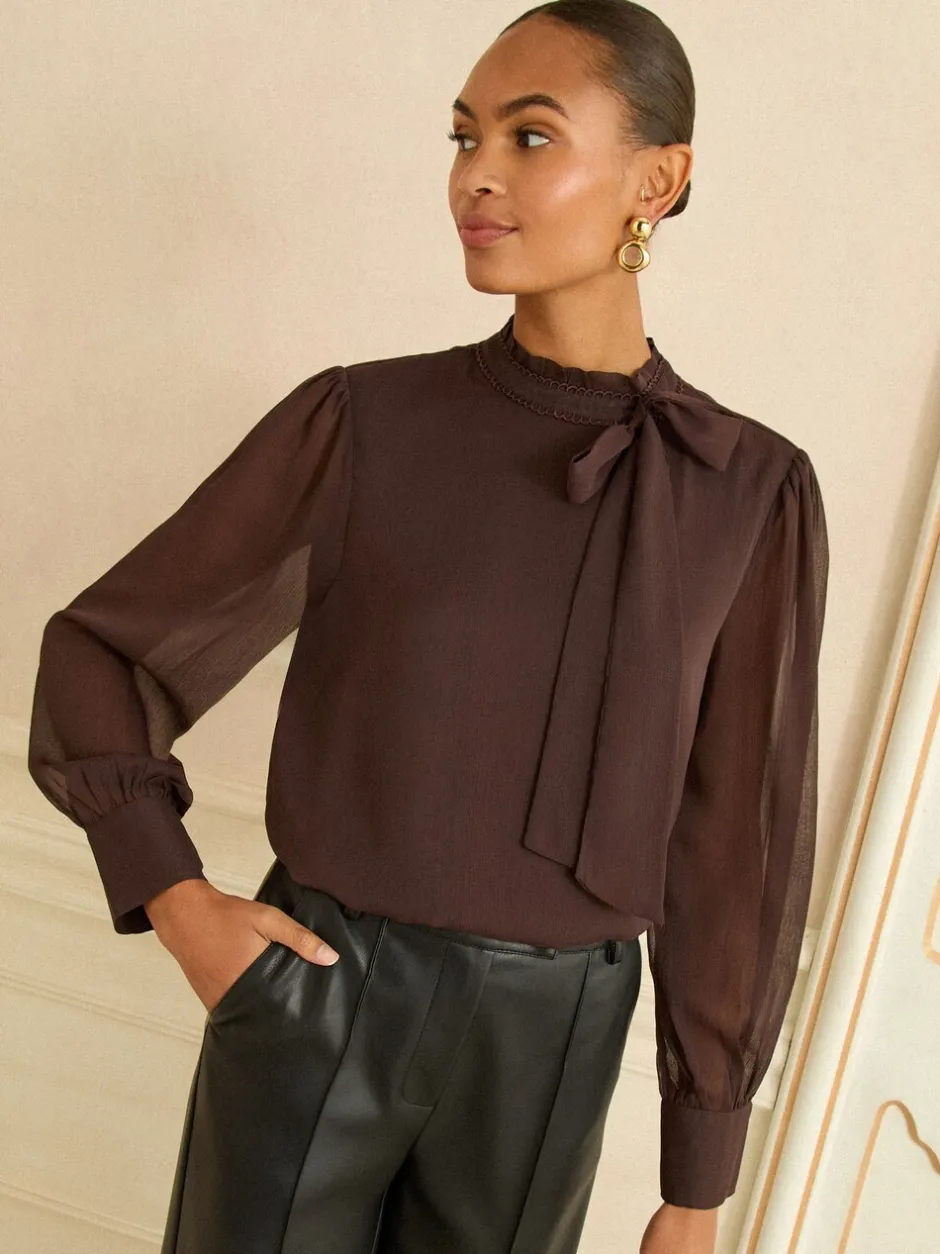 Gelegenheidskleding|Blouses En Overhemden*Love & Roses Chocoladebruin - blouse met lange mouwen en striksluiting