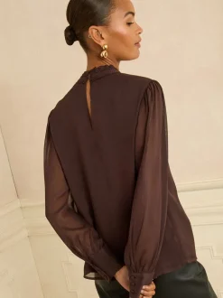 Gelegenheidskleding|Blouses En Overhemden*Love & Roses Chocoladebruin - blouse met lange mouwen en striksluiting