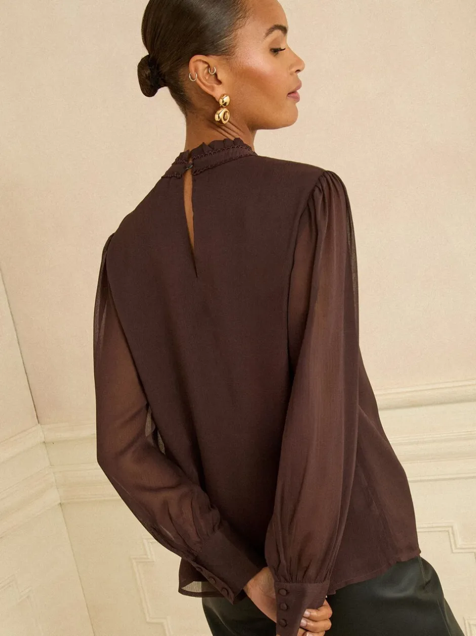 Gelegenheidskleding|Blouses En Overhemden*Love & Roses Chocoladebruin - blouse met lange mouwen en striksluiting