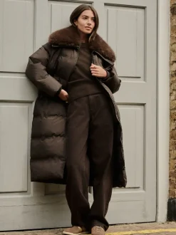 Jassen En Jacks|Next Chocoladebruin - Premium Longline Padded Coat with Faux Fur Collar