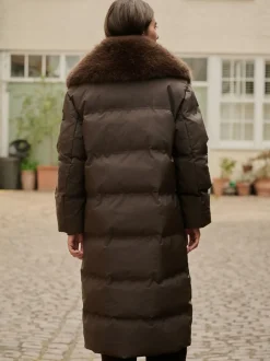 Jassen En Jacks|Next Chocoladebruin - Premium Longline Padded Coat with Faux Fur Collar