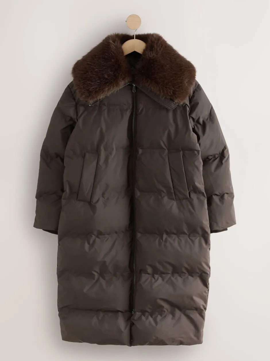 Jassen En Jacks|Next Chocoladebruin - Premium Longline Padded Coat with Faux Fur Collar