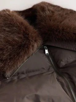 Jassen En Jacks|Next Chocoladebruin - Premium Longline Padded Coat with Faux Fur Collar