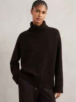 Gebreide Kleding*Reiss Chocoladebruin - Brooklyn trui met rolkraag van wol-kasjmier