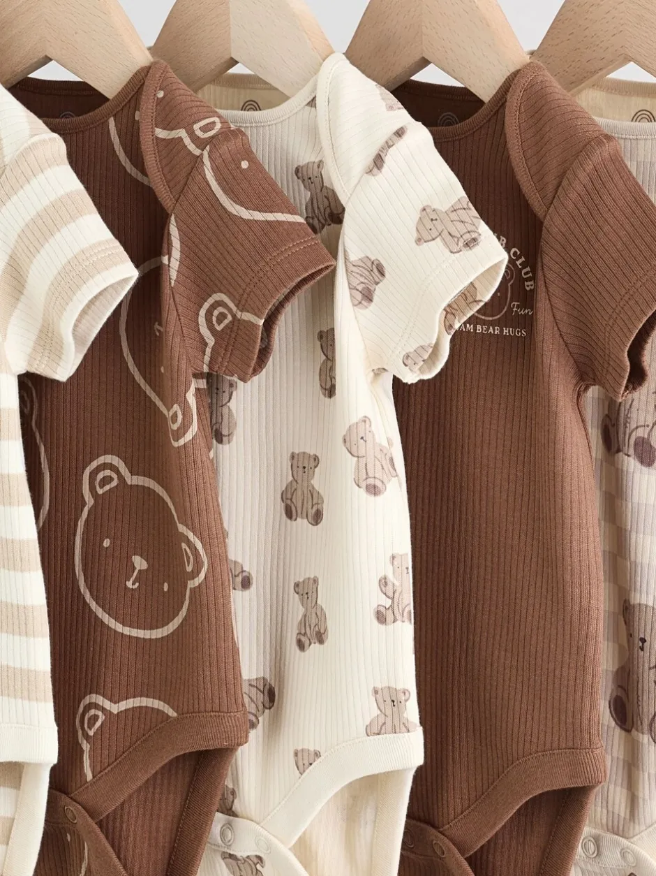 Multipacks|Rompertjes En Hemdjes|Next Chocoladebruin - Set van 5 babyrompertjes met korte mouwen
