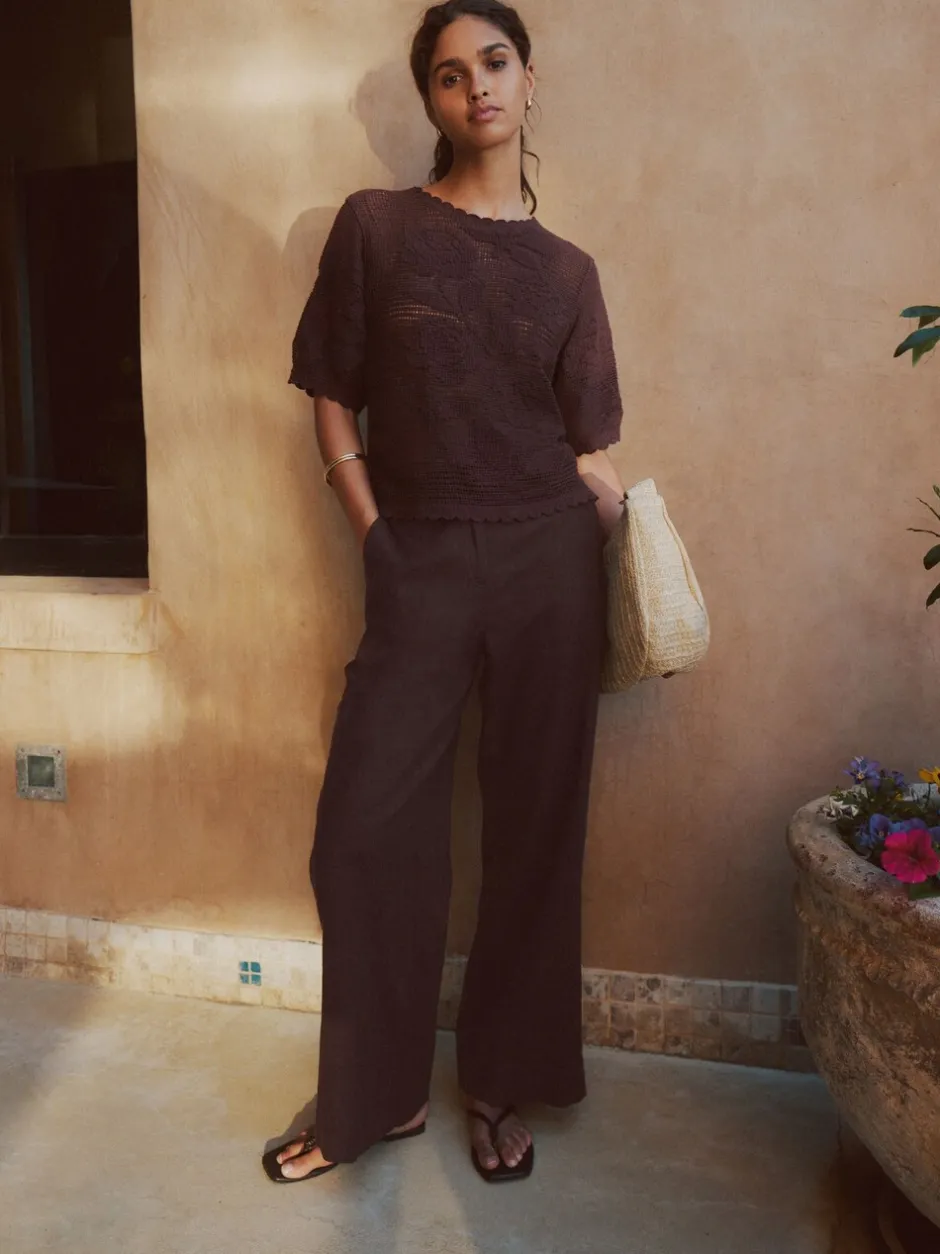 Broeken*Next - Smart Front Linen Blend Wide Leg Trousers Chocoladebruin