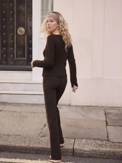 Loungewear|Leggings En Joggingbroeken|Next - Soft Touch Rib Ruched Flare Leggings Chocoladebruin