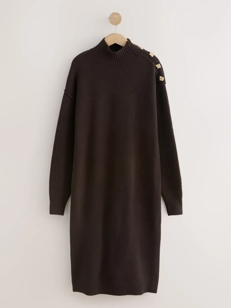 Gebreide Kleding|Jurken*Next - Stand Neck Knitted Midi Jumper Dress Chocoladebruin