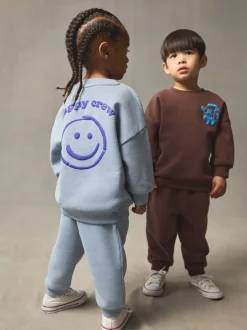 Sets En Combisets|Truien En Breisels|Next - Printed Crew Neck Sweat Top & Joggers Set (3mths-7yrs) Chocoladebruin en blauw