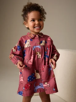 Truien En Breisels|Jurken*Next Chocoladebruin met karakteristieke print - Long Sleeve Cotton Dress (3mths-8yrs)