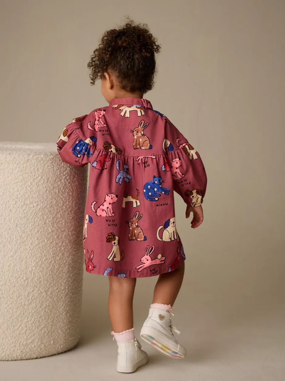 Truien En Breisels|Jurken*Next Chocoladebruin met karakteristieke print - Long Sleeve Cotton Dress (3mths-8yrs)