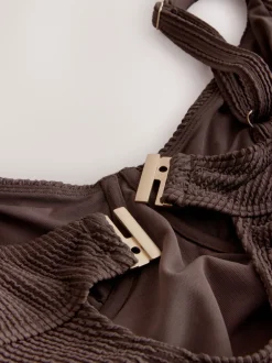 Badkleding|Next Chocoladebruin met kreukeltextuur - Buikcorrigerend DD+ badpak met beugel