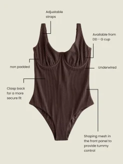 Badkleding|Next Chocoladebruin met kreukeltextuur - Buikcorrigerend DD+ badpak met beugel