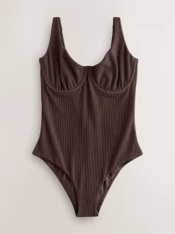 Badkleding|Next Chocoladebruin met kreukeltextuur - Buikcorrigerend DD+ badpak met beugel