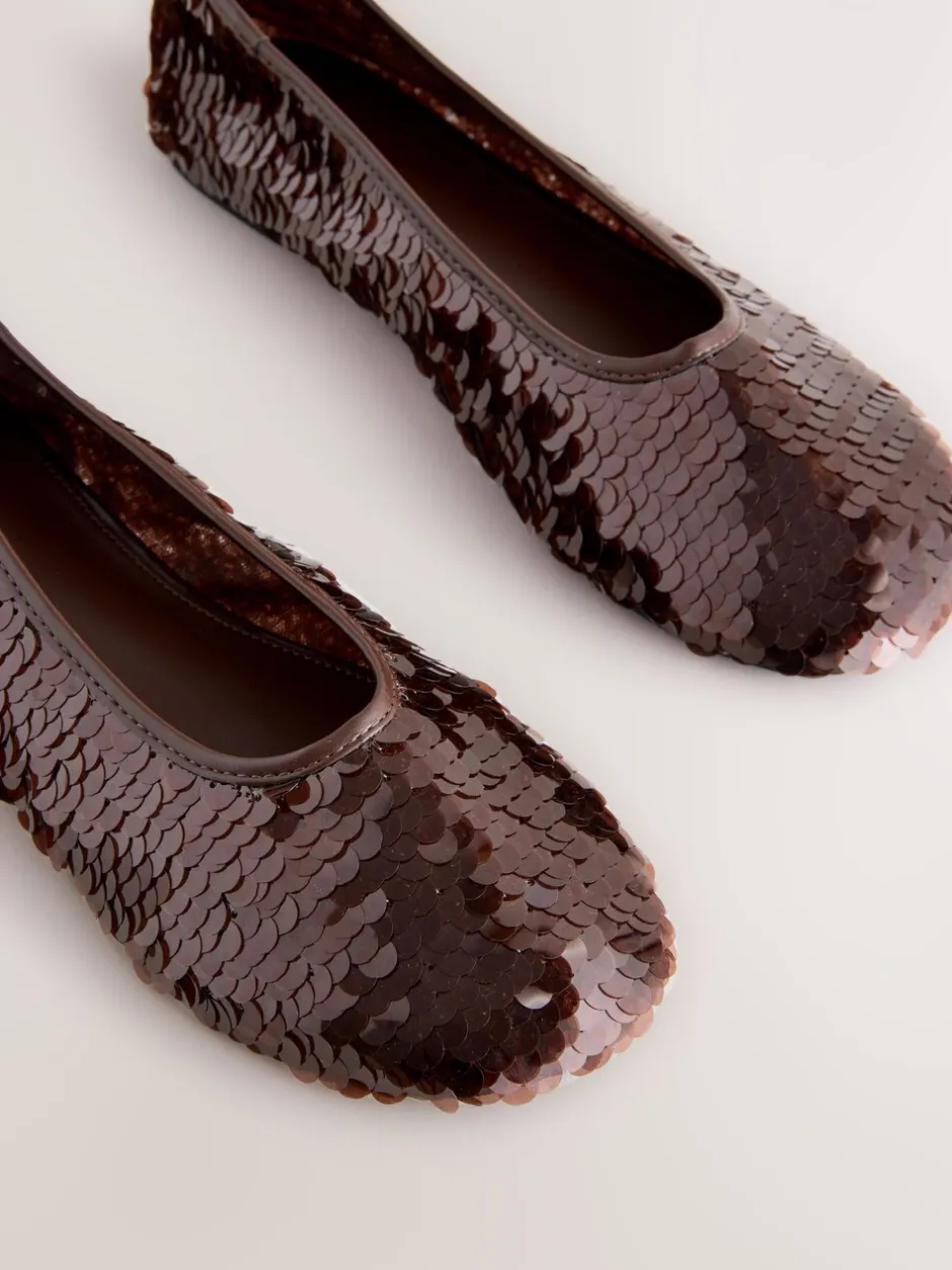 Lage Schoenen|Gelegenheidskleding*Next - Forever Comfort® Round Toe Sequin Ballerina Flats Chocoladebruin met lovertjes