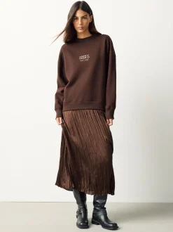 Gebreide Kleding|Jurken|Next - 2-In-1 Sweatshirt met Satijnen Midi Rok Chocoladebruine borduurwerk