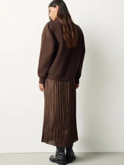Gebreide Kleding|Jurken|Next - 2-In-1 Sweatshirt met Satijnen Midi Rok Chocoladebruine borduurwerk