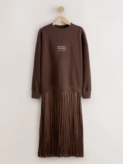 Gebreide Kleding|Jurken|Next - 2-In-1 Sweatshirt met Satijnen Midi Rok Chocoladebruine borduurwerk