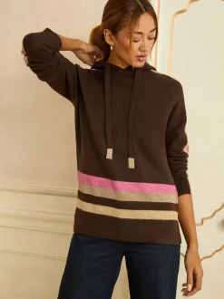 Gebreide Kleding*Love & Roses - gebreide trui met capuchon Chocoladebruine Lurex-strepen met meerdere kleuren