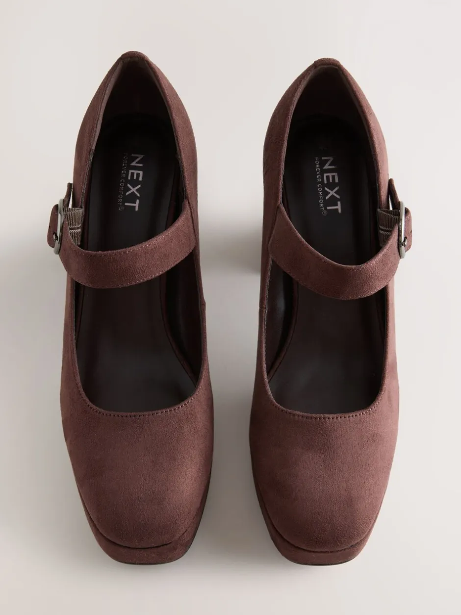Schoenen Met Hakken|Next - Forever Comfort® Brogue Mary Jane Platform Blokhakken met Plateauzool Chocoladebruine microvezel