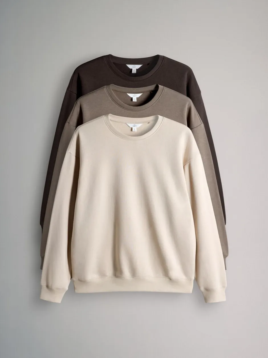 Sportkleding|Hoody's En Sweatshirts*The Set - set van 3 ruimvallende sweatshirts met ronde hals Chocoladebruin/Taupebruin/Crème