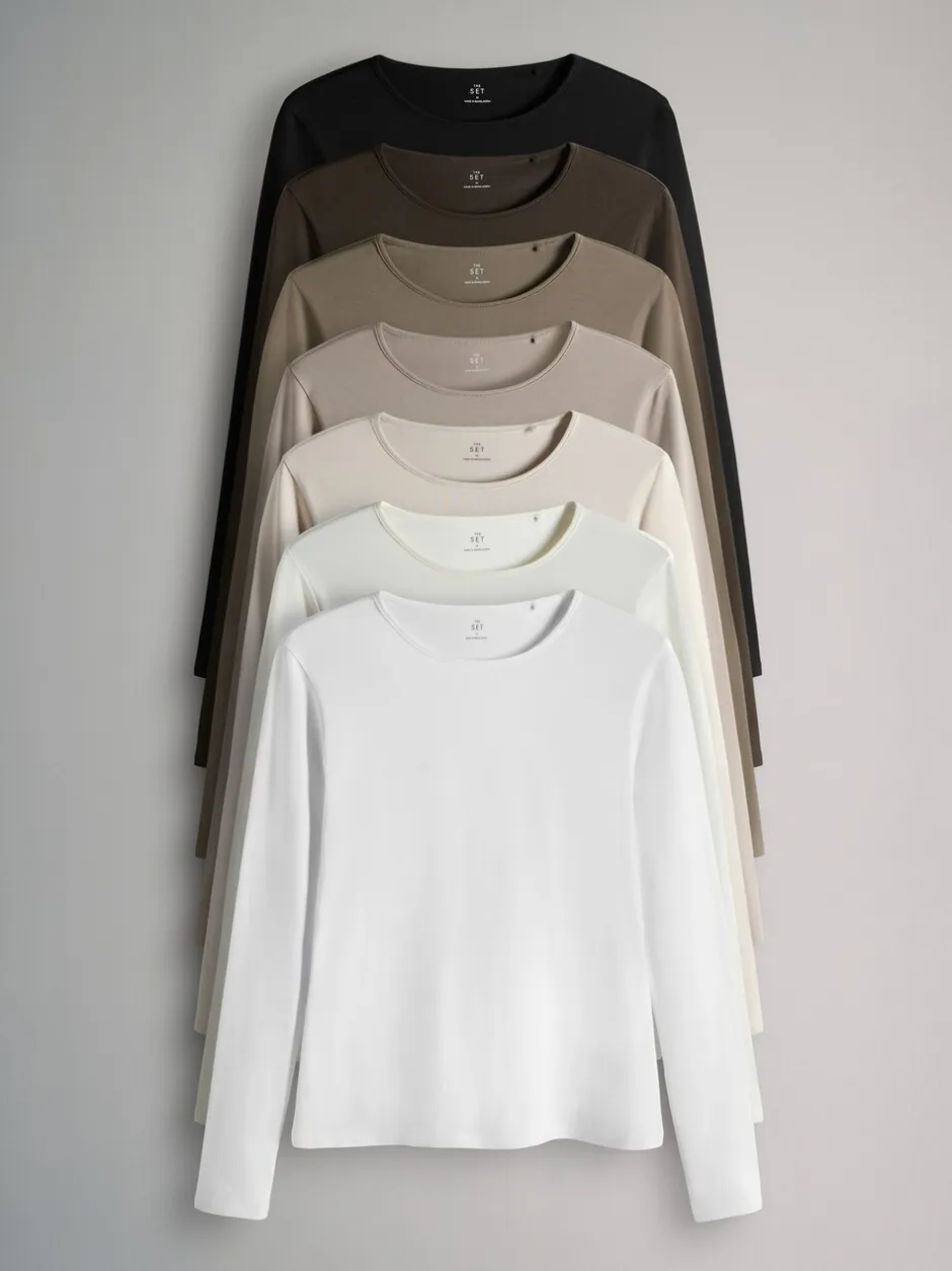 Tops En T-Shirts|The Set - - 7 T-shirts met lange mouwen en ronde hals Chocolate Brown/ Taupe Brown/ Light Brown/ Neutral