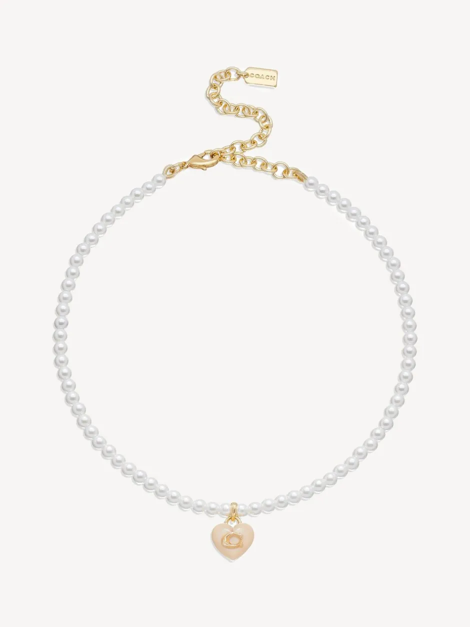 Sieraden*Coach Signature Heart Pearl Choker Necklace