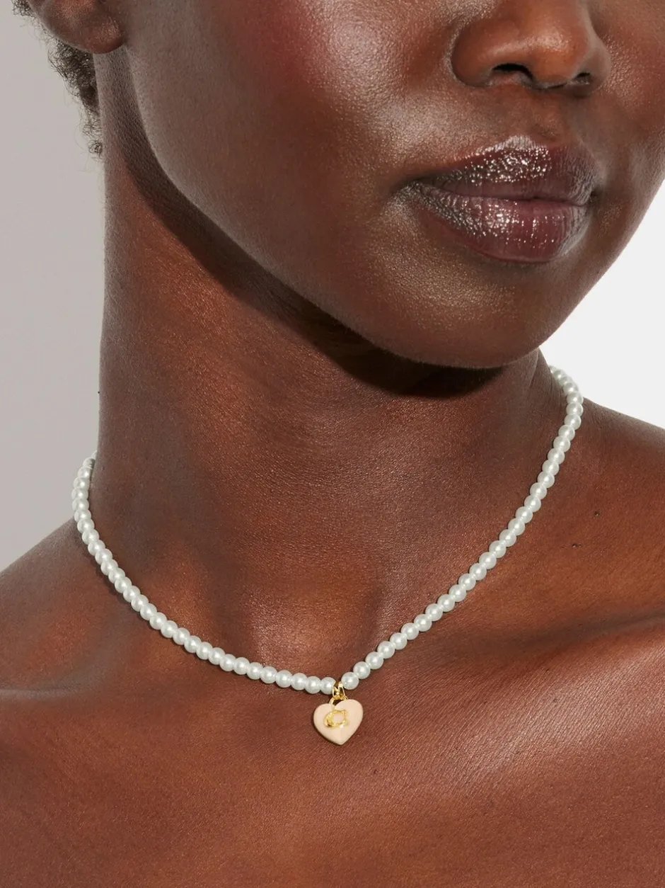 Sieraden*Coach Signature Heart Pearl Choker Necklace