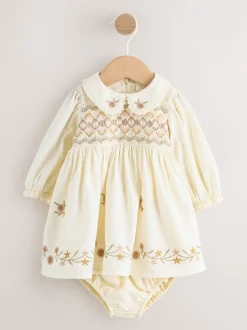 Jurken|Jurken|Next Crème - Baby Embroidered Long Sleeve Dress and Knickers Set 2 Piece (0mths-2yrs)
