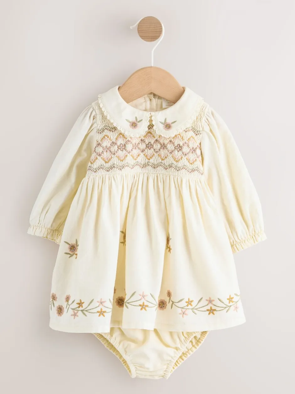 Jurken|Jurken|Next Crème - Baby Embroidered Long Sleeve Dress and Knickers Set 2 Piece (0mths-2yrs)