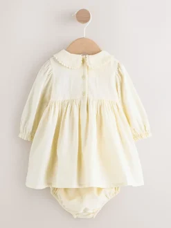 Jurken|Jurken|Next Crème - Baby Embroidered Long Sleeve Dress and Knickers Set 2 Piece (0mths-2yrs)