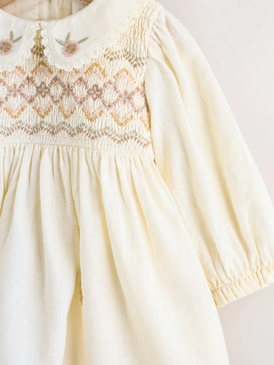 Jurken|Jurken|Next Crème - Baby Embroidered Long Sleeve Dress and Knickers Set 2 Piece (0mths-2yrs)