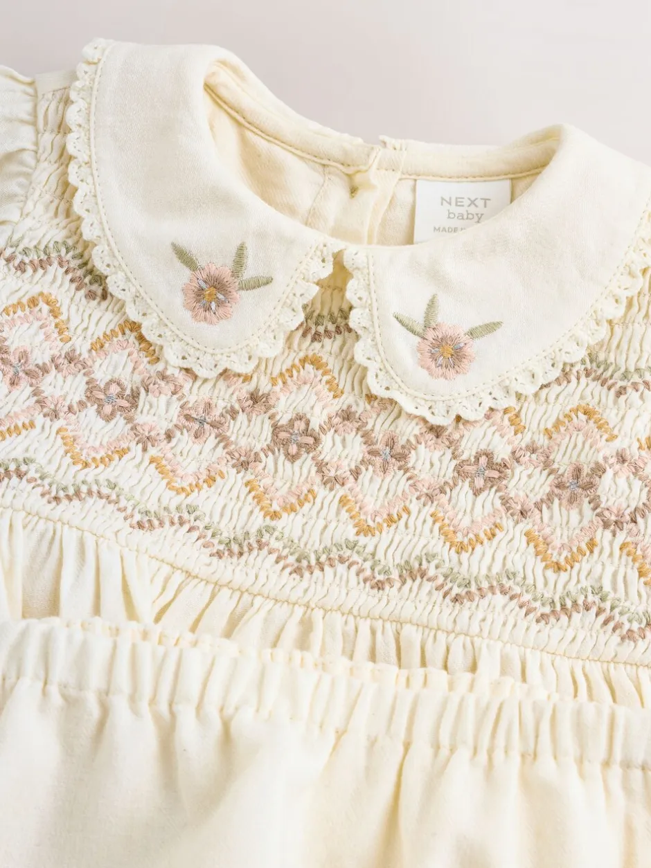 Jurken|Jurken|Next Crème - Baby Embroidered Long Sleeve Dress and Knickers Set 2 Piece (0mths-2yrs)