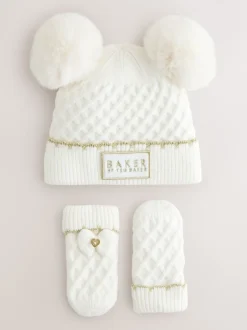 Mutsjes En Antikrabwantjes|Mutsen, Handschoenen En Sjaals*Baker by Ted Baker - - Set van muts met dubbele pompon en oren en wanten voor meisjes Crème