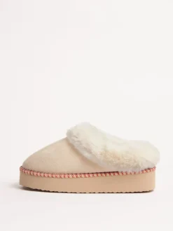 Pantoffels|Friends Like These - Faux Fur Cuff Embroidered Tape Nightwear Mule Slippers Crème