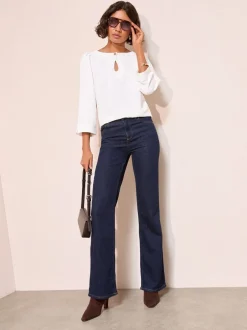 Blouses En Overhemden*Friends Like These - 3/4 Sleeve Keyhole Front Hardware Detail Blouse Crème